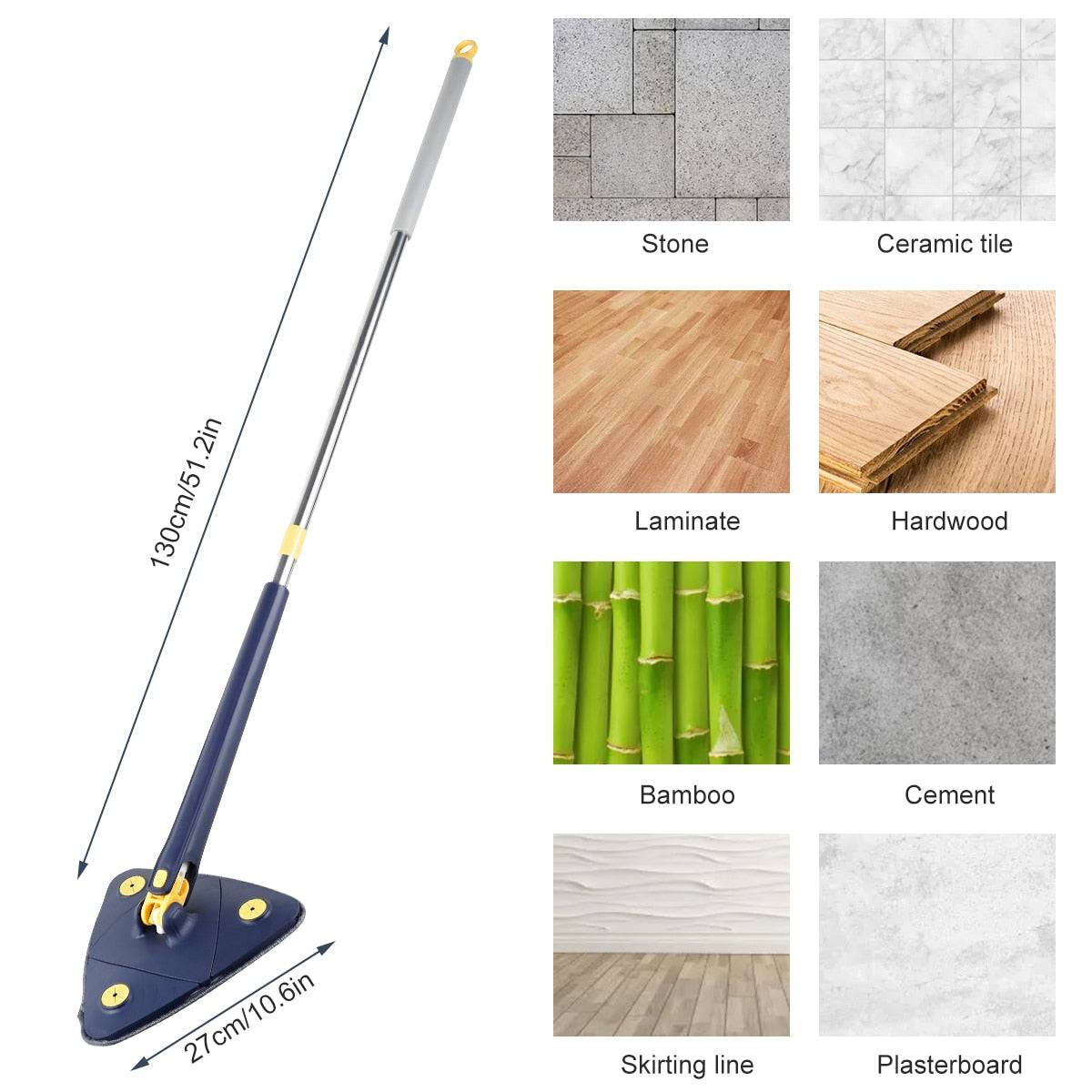 Diagram of the Self-Squeeze Triangular Mop showcasing its dimensions and suitability for various flooring including stone, laminate, and plasterboard. Mop, Self-Squeeze, Triangular.