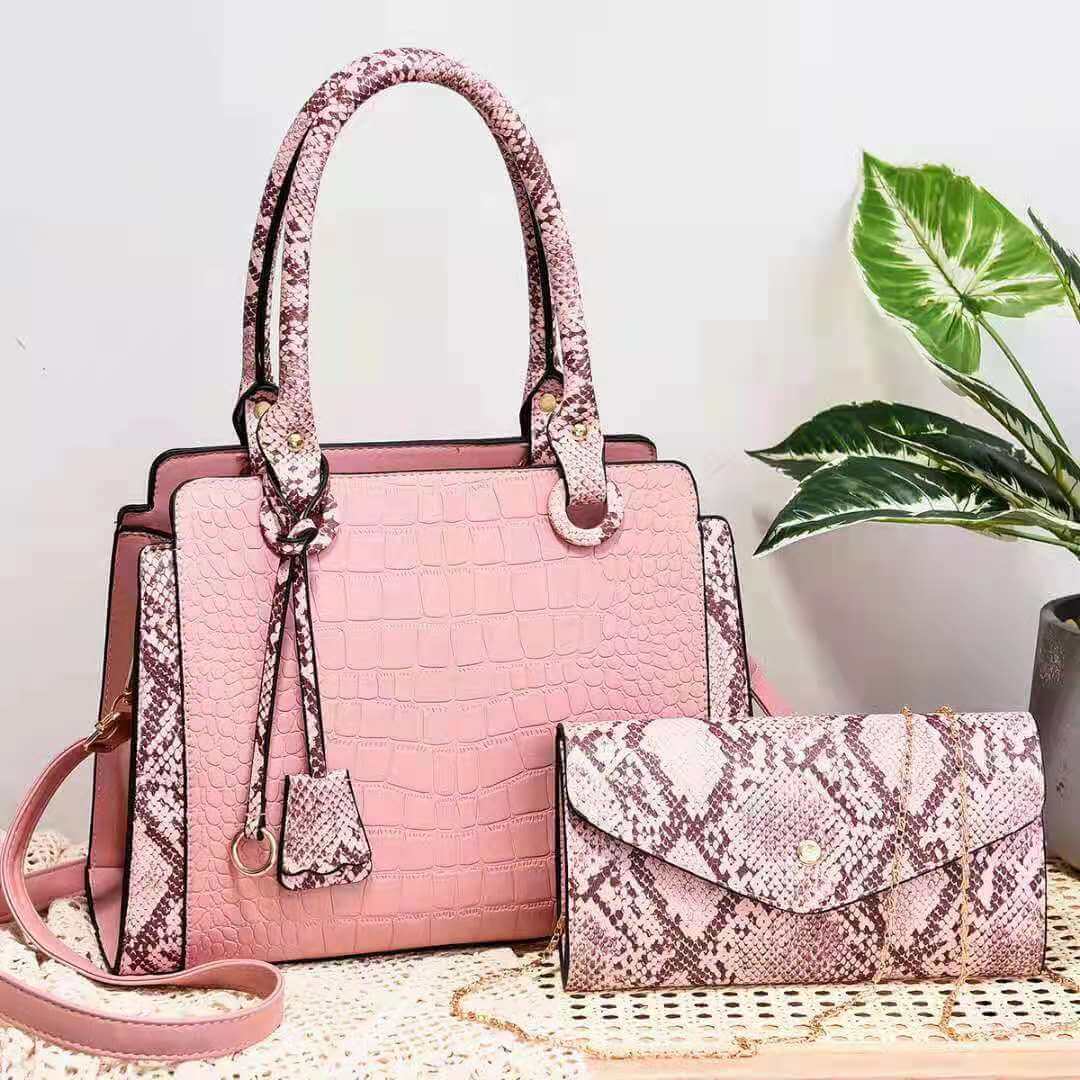 Stylish Serpentine Stitching Crossbody Bag - Fashionable Combination of Style and Function, showcasing a pink handbag with a matching snakeskin wallet, an ideal accessory for a fashionable daily bag.