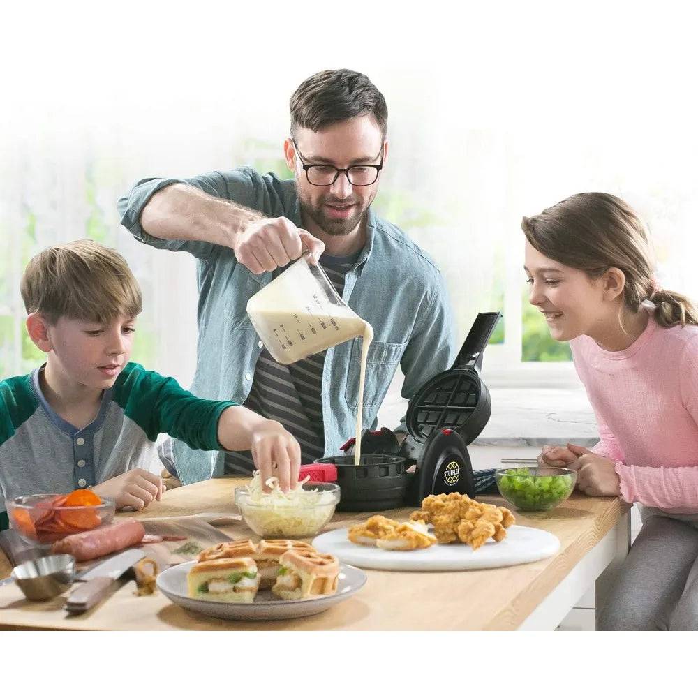 Family interaction using the Stuffed Waffle Maker by CozyTech Living, highlighting an engaging breakfast preparation experience.