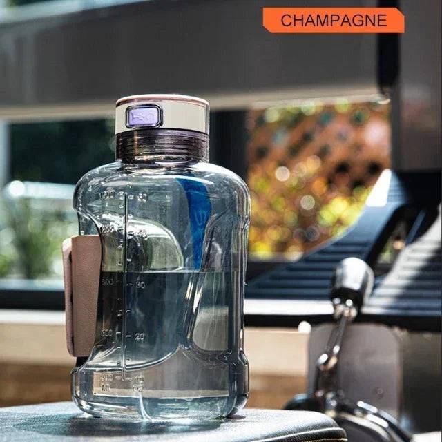 Champagne-colored hydrogen water bottle placed in a gym setting, ideal for athletes seeking enhanced hydration and performance benefits.