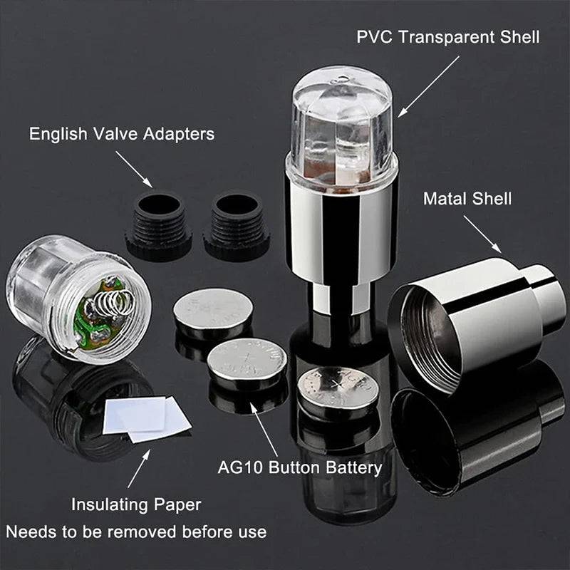 Exploded view of LED tire valve caps showing PVC shell, metal body, AG10 button batteries, and valve adapters for easy installation.