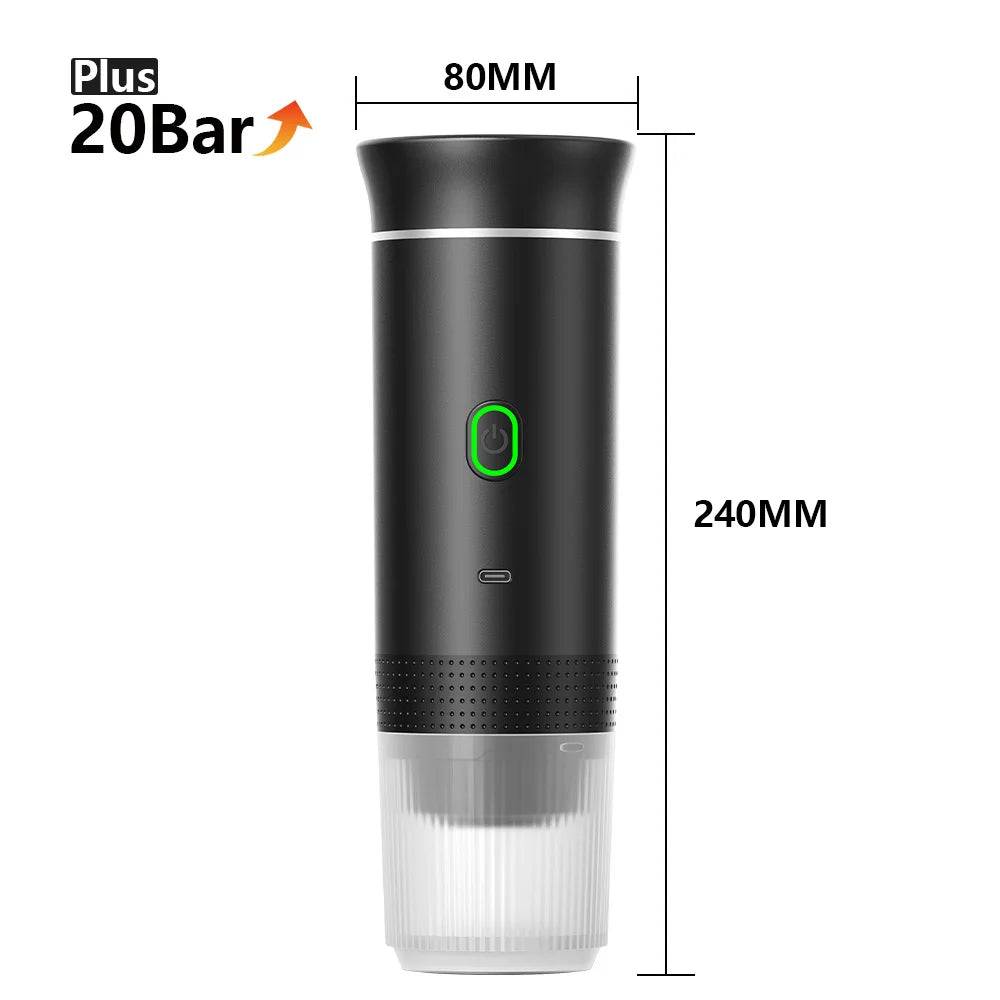 Dimensions of the Portable Coffee Maker by CozyTech Living, displayed both in black and white models with measurement highlights.