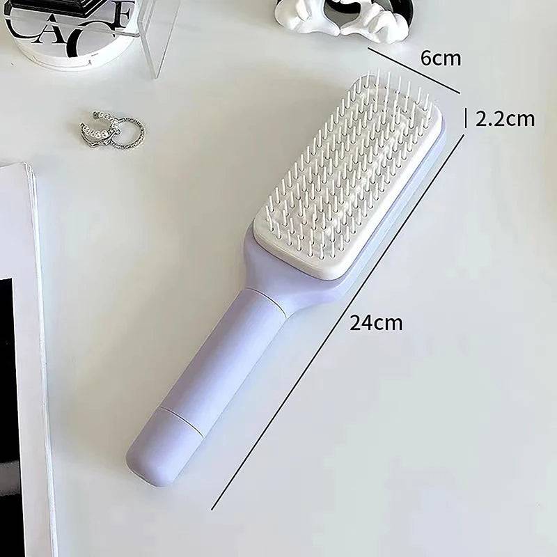 Measuring dimensions of the Self-Cleaning Brush by CozyTech Living, featuring detailed overlays of size specifications on a clean desktop.