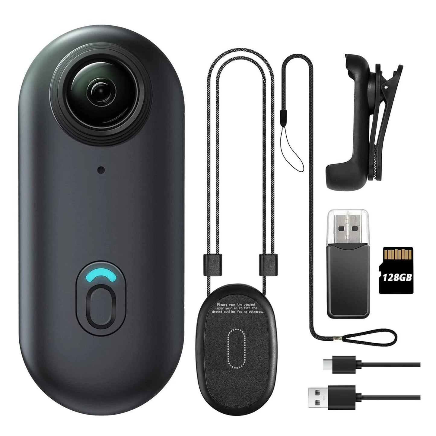 Black POV camera set with accessories including a magnetic pendant, clip mount, USB adapter, and 128GB memory card. Ideal for action and adventure recording.