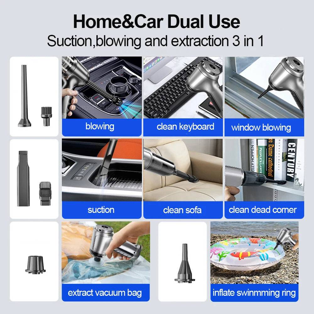 Multi-functional Car Vacuum Cleaner & Blower for home and car use, featuring suction, blowing, and extraction capabilities.