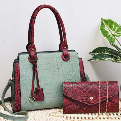 Stylish Serpentine Stitching Crossbody Bag - Fashionable Combination of Style and Function, presenting a green handbag with a red snakeskin wallet, a chic choice for a fashionable daily bag.