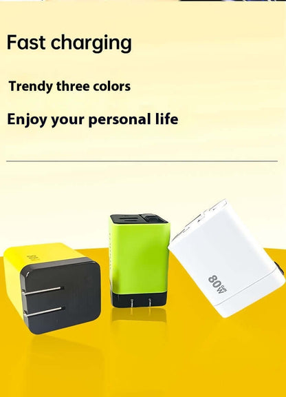 Stylish type C fast charger in yellow, green, and white, promoting quick and efficient charging while enhancing personal style.