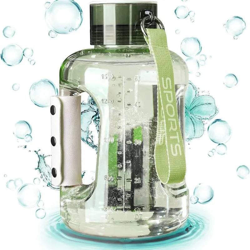 Hydrogen water bottle with a green sports strap, generating hydrogen-rich water for improved hydration and athletic performance.