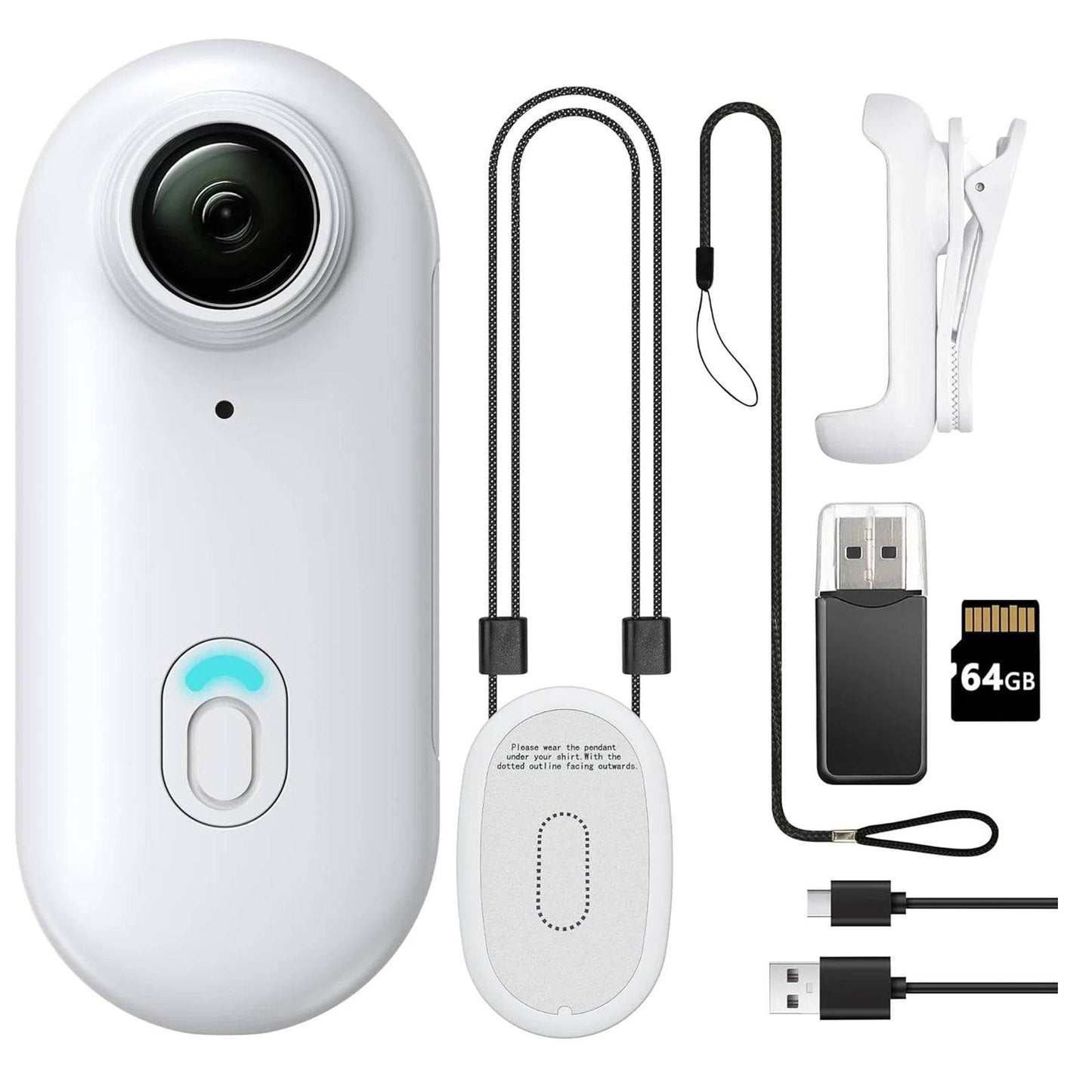 White POV camera set with accessories including a magnetic pendant, clip mount, USB adapter, and 64GB memory card. Perfect for hands-free video capture.