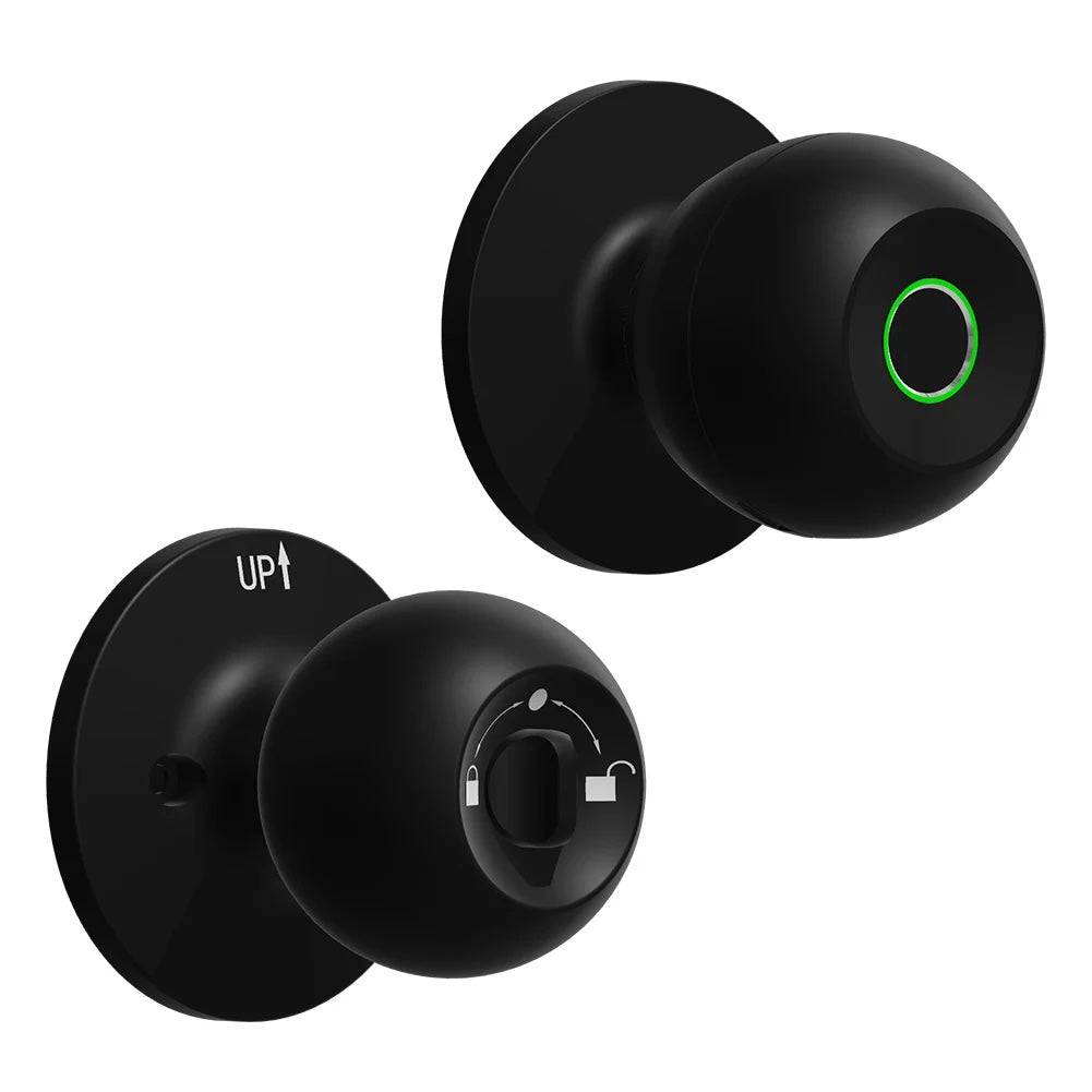 Black Smart Door Knob with fingerprint sensor and manual lock. A modern security solution for homes and offices.