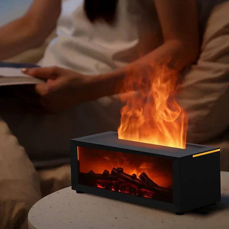 Cozy setting with the Fireplace Humidifier on a table while a user reads, showcasing the product's contribution to a relaxing environment.