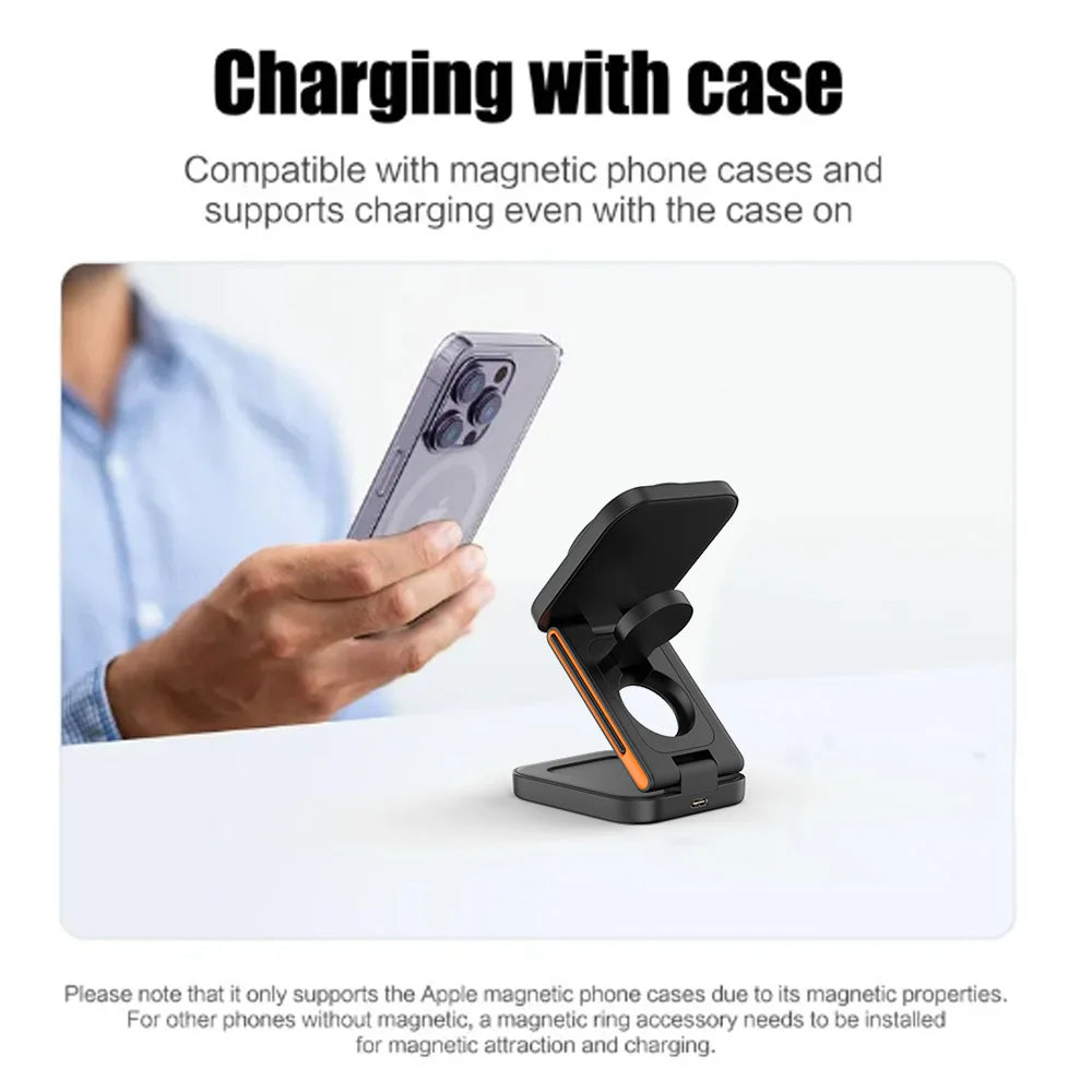 CozyTech Living 3 in 1 Foldable Charging Station illustrating charging instructions while using an iPhone case, an informative aspect of this 3 in 1 wireless charger.