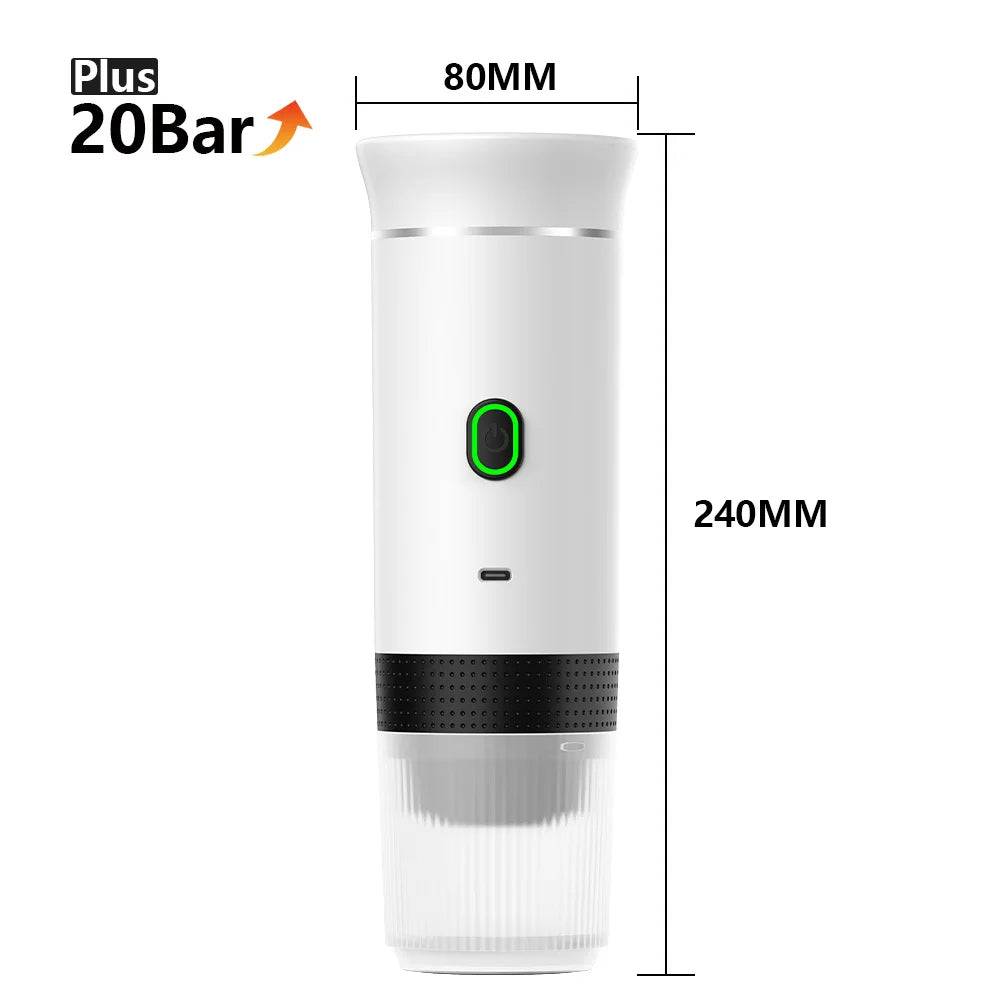 Side view dimensions of the Portable Coffee Maker from CozyTech Living, showing both color options and the sleek, modern design.