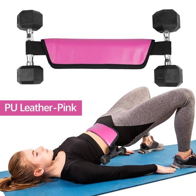 The Hip Thrust Belt Glute Bridge Pad in pink, shown during a glute bridge exercise, promoting effective fitness training at home or in the gym.