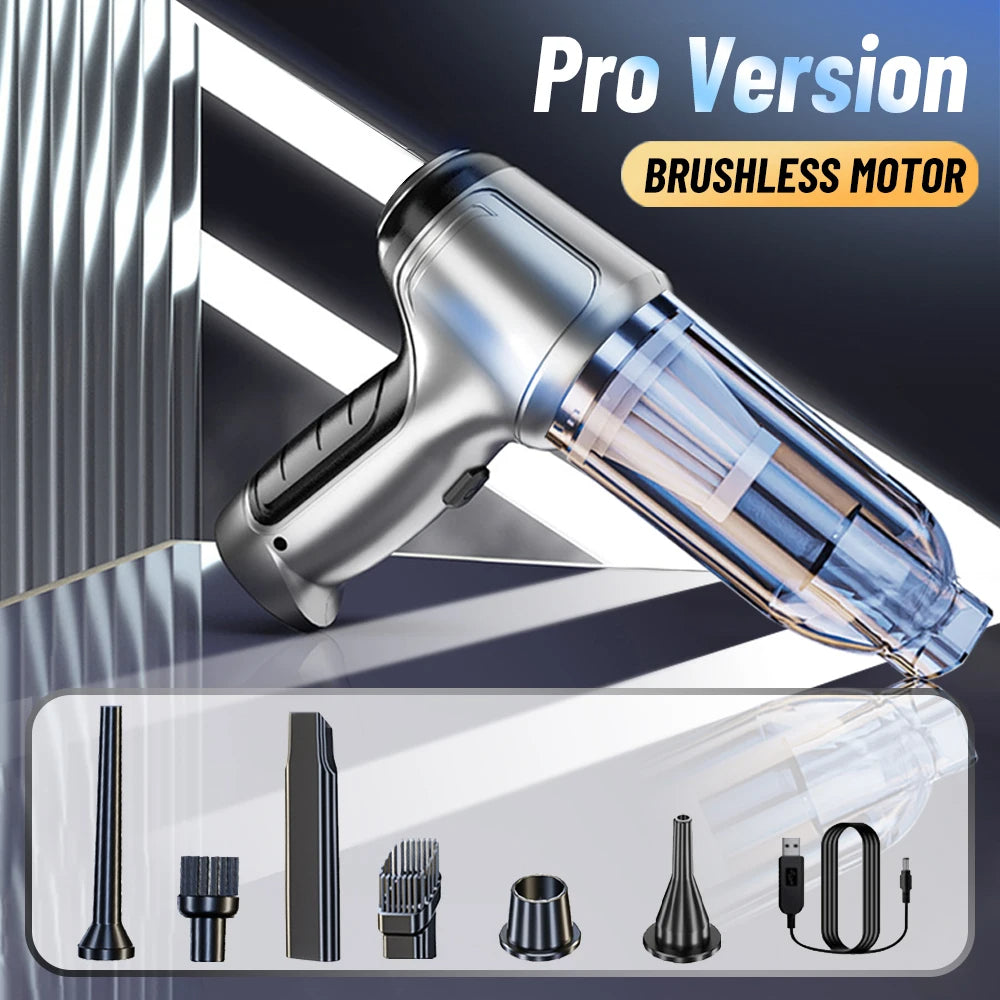 Pro version of the Car Vacuum Cleaner & Blower with a brushless motor and advanced attachments for powerful cleaning.