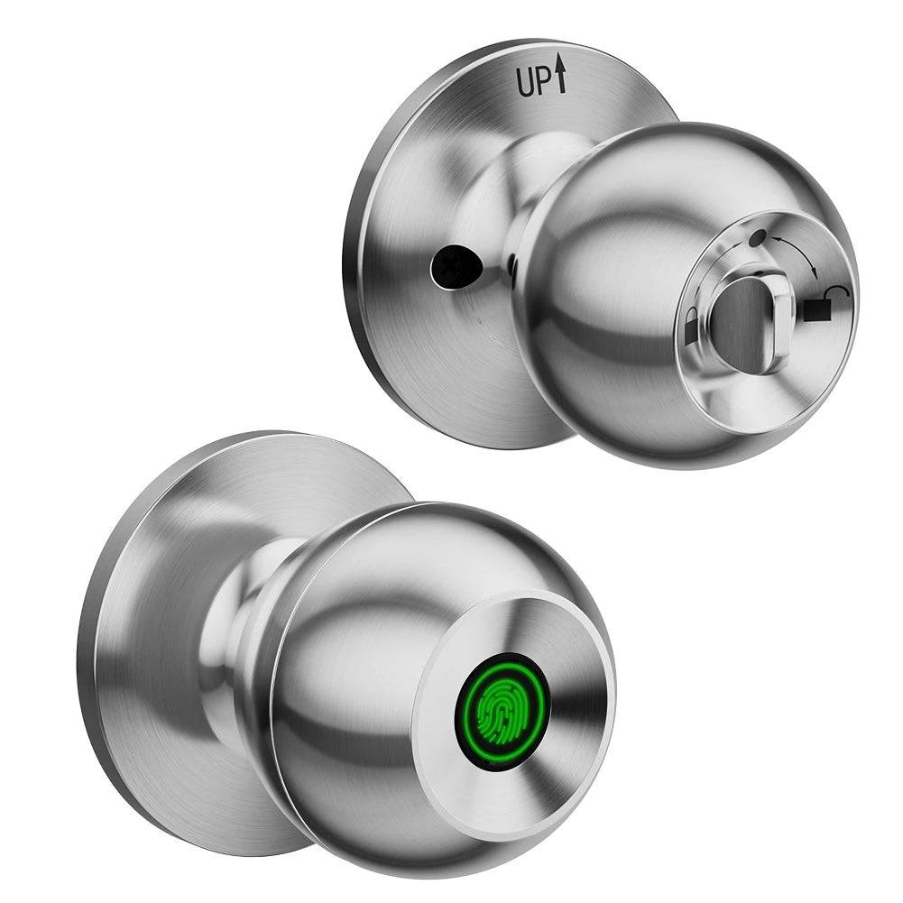 Silver Smart Door Knob with fingerprint recognition and key access. A sleek and secure option for keyless entry.