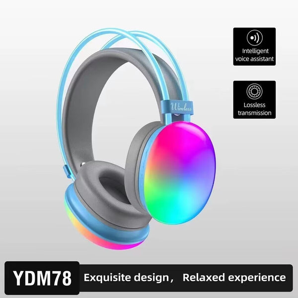 YDM78 head mounted Bluetooth earphones in elegant blue, showcasing colorful accents and a comfortable fit, ideal for an immersive audio experience.