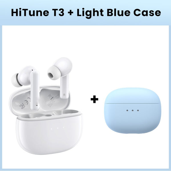 HiTune T3 Bluetooth Earphones with Light Blue Case, offering Active Noise Reduction for Android and Apple users who enjoy high-quality sound.