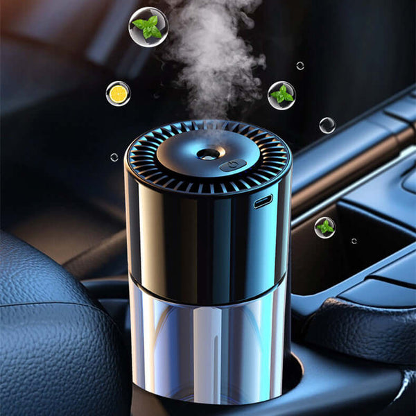 AI Intelligent Spray Perfume Humidifier as an automatic fragrance dispenser producing mist, placed in a car console.