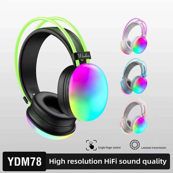 YDM78 head mounted Bluetooth earphones featuring a vibrant, colorful design with a sleek black frame, perfect for gaming and music.