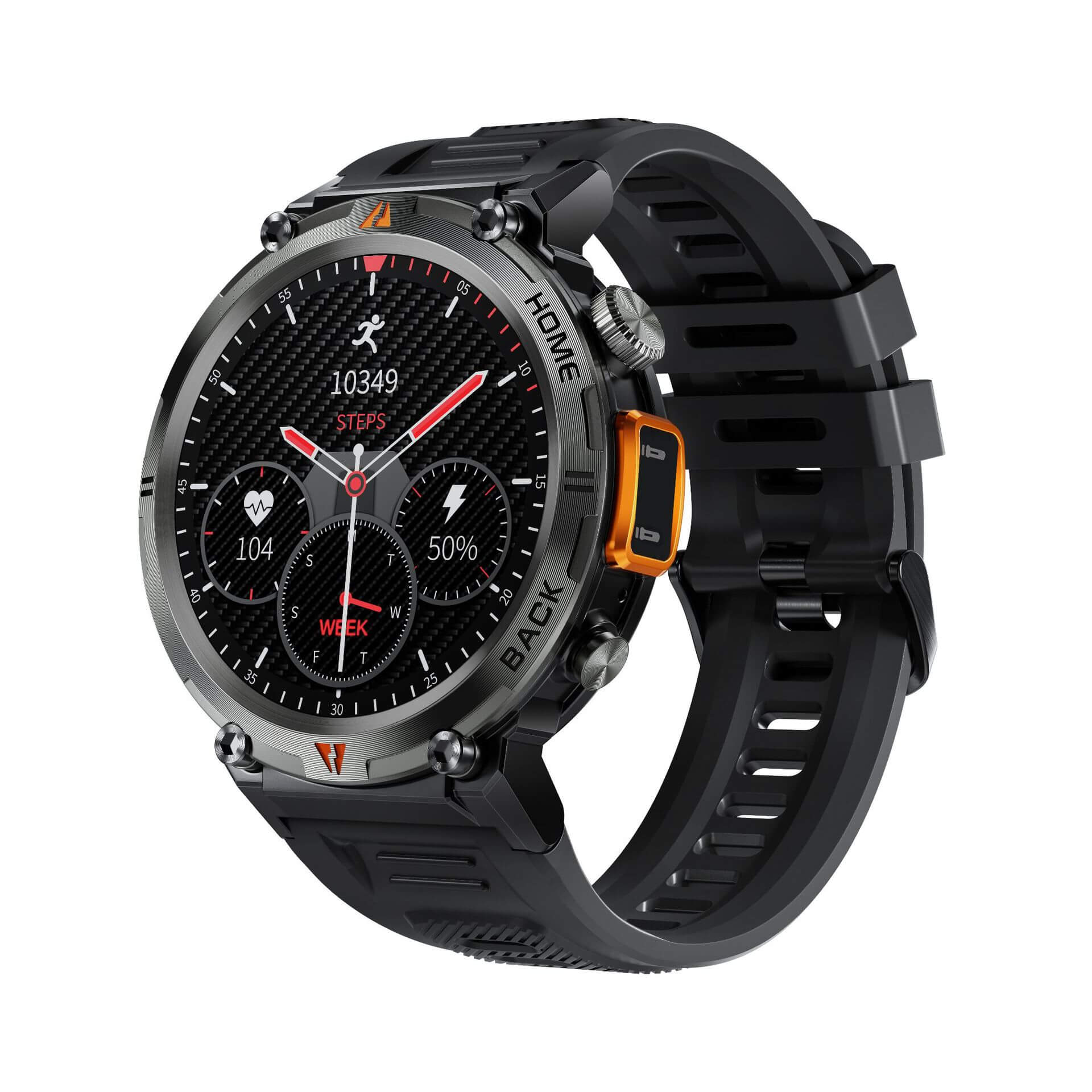 Bluetooth Smart Watch featuring a sleek design with a black band and multi-function display, showcasing heart rate and step tracking.