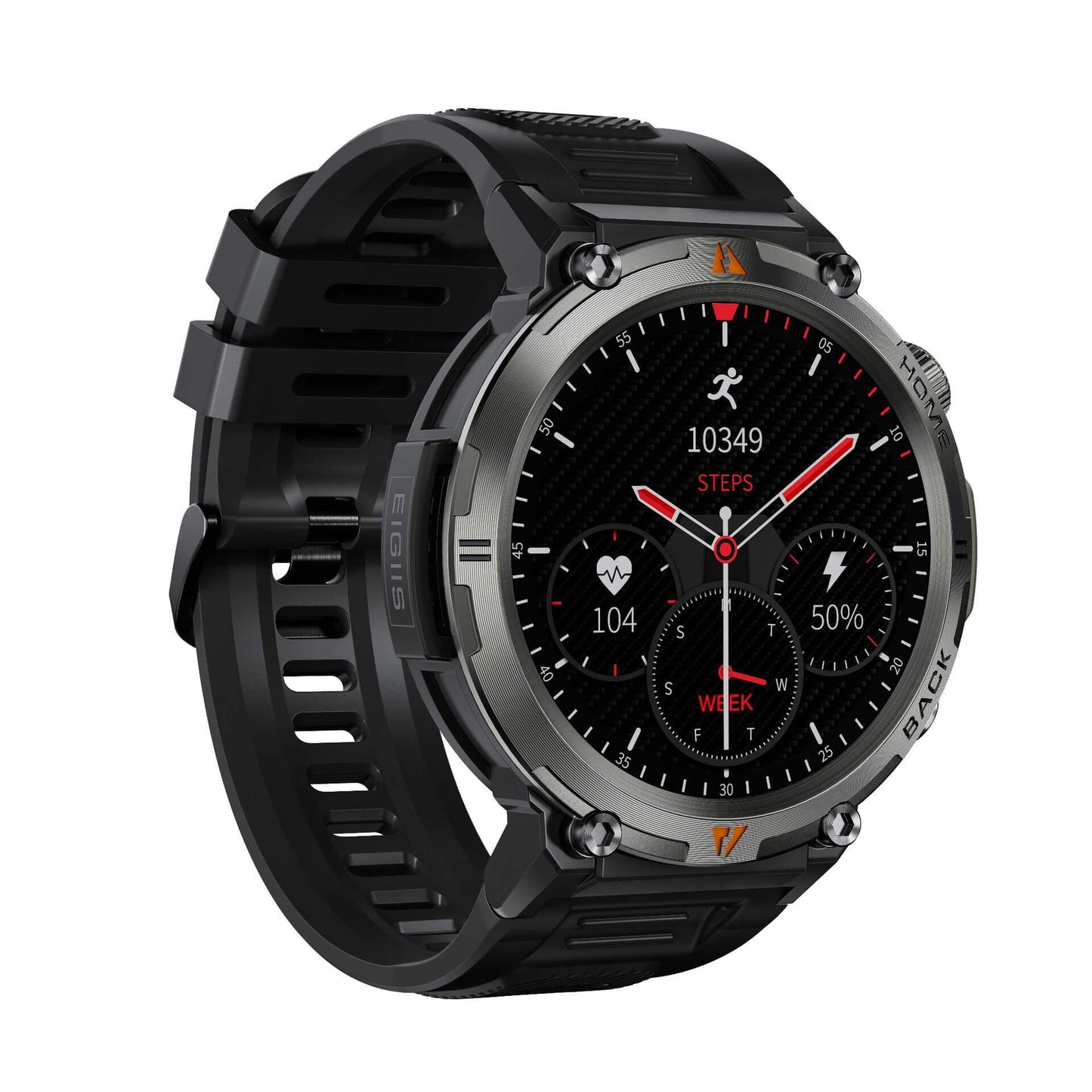 Bluetooth Smart Watch in a striking black design with health tracking capabilities, displaying fitness metrics and notifications.