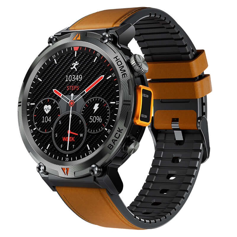 Bluetooth Smart Watch featuring a unique design with leather accents, highlighting functionality and health tracking.