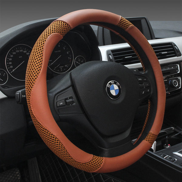 Car steering wheel cover in low-key brown design, ideal for new car handle, providing comfort and durability.