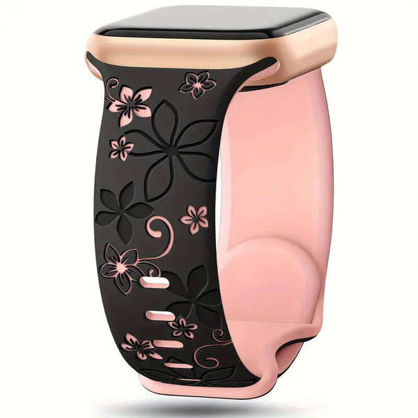 Two-tone Silicone Strap Bauhinia featuring a black surface with floral designs and a pink interior, suitable for Apple watches. This colorful silicone watch band offers a stylish and trendy look.