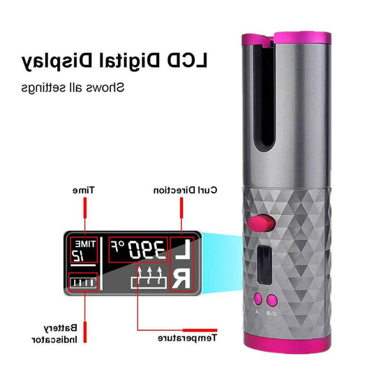 Close-up of the cordless hair curler with an LCD digital display, showcasing temperature and timer settings for precise hairstyling.