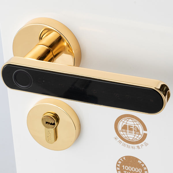 The Smart Door Lock Opens At A Touch - Gold fingerprint door lock with a sleek design and biometric scanner.