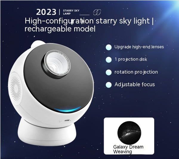 Close-up of the innovative Galaxy Projector Lamp featuring a sleek design, adjustable focus, and high-end lenses, highlighting its functionality and modern aesthetics.