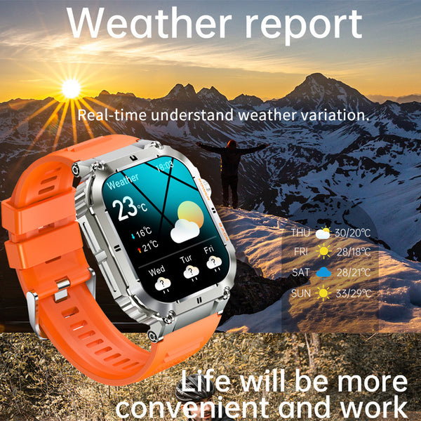 K57PRO Call Bluetooth Smartwatch displayed in an outdoor setting with a mountain background; this business professional smartwatch showcases real-time weather updates. iphone, mobile, orange.