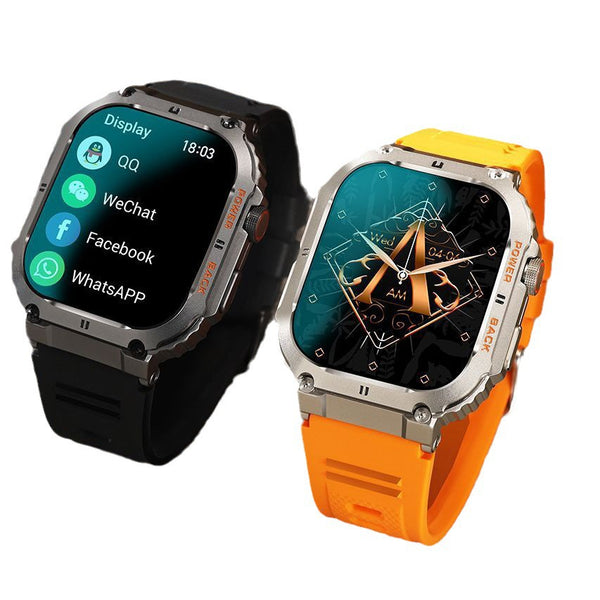 K57PRO Call Bluetooth Smartwatch featuring two color options, showcasing its user-friendly interface aimed at business professionals; an essential business professional smartwatch. iphone, mobile, orange.