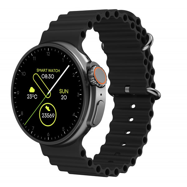 New K9 Smart Watch featuring a 1.39-inch round screen with a sleek black silicone strap, showcasing the wireless charging smartwatch functionality.