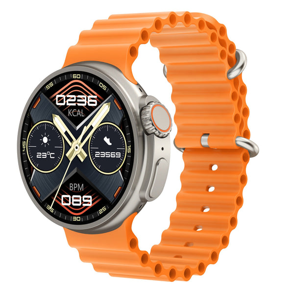 New K9 Smart Watch in vibrant orange with a 1.39-inch round screen, highlighting the wireless charging smartwatch feature for modern connectivity.