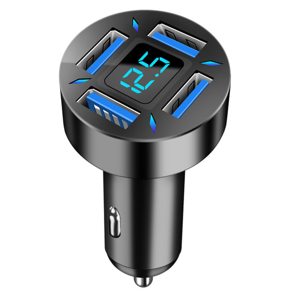 Four-port Car Charger - Multi Device Car Charger featuring four USB ports and LED digital display for simultaneous charging.