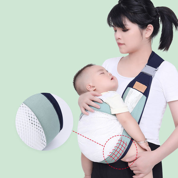 Horizontal Front Carrying Baby Carrier with a sleeping toddler, showcasing its soft mesh material for enhanced comfort.