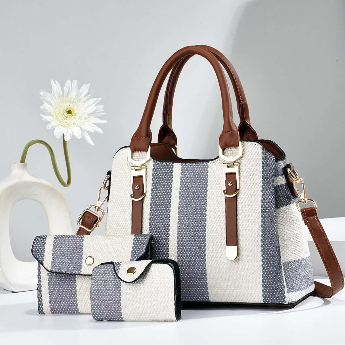 Crossbody Large Capacity New Son And Mother Canvas Contrast Color Handbags with elegant blue and white stripes, exemplifying a large capacity crossbody bag designed for everyday matching.