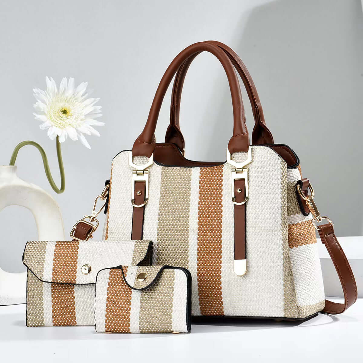 Crossbody Large Capacity New Son And Mother Canvas Contrast Color Handbags in a stylish white and tan striped pattern, showcasing a large capacity crossbody bag perfect for everyday style.