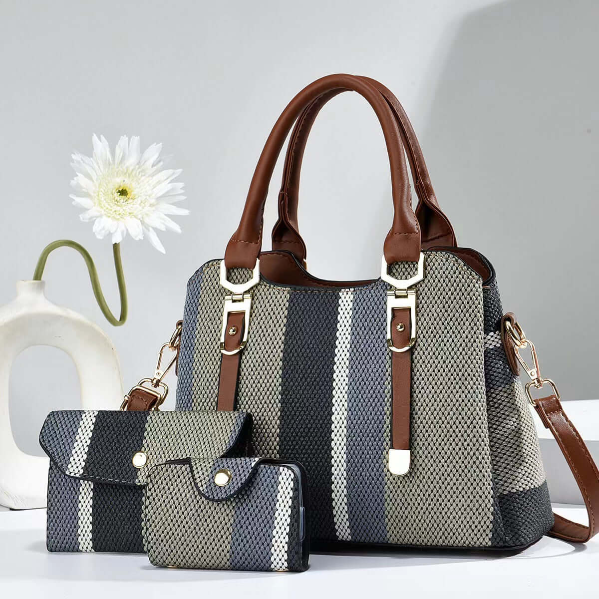 Crossbody Large Capacity New Son And Mother Canvas Contrast Color Handbags featuring a sophisticated grey and blue striped design, highlighting a large capacity crossbody bag for modern moms.