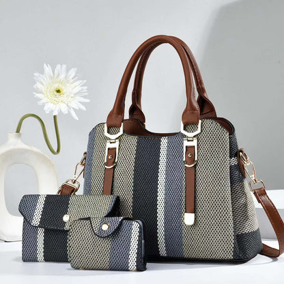 Crossbody Large Capacity New Son And Mother Canvas Contrast Color Handbags featuring a sophisticated grey and blue striped design, highlighting a large capacity crossbody bag for modern moms.