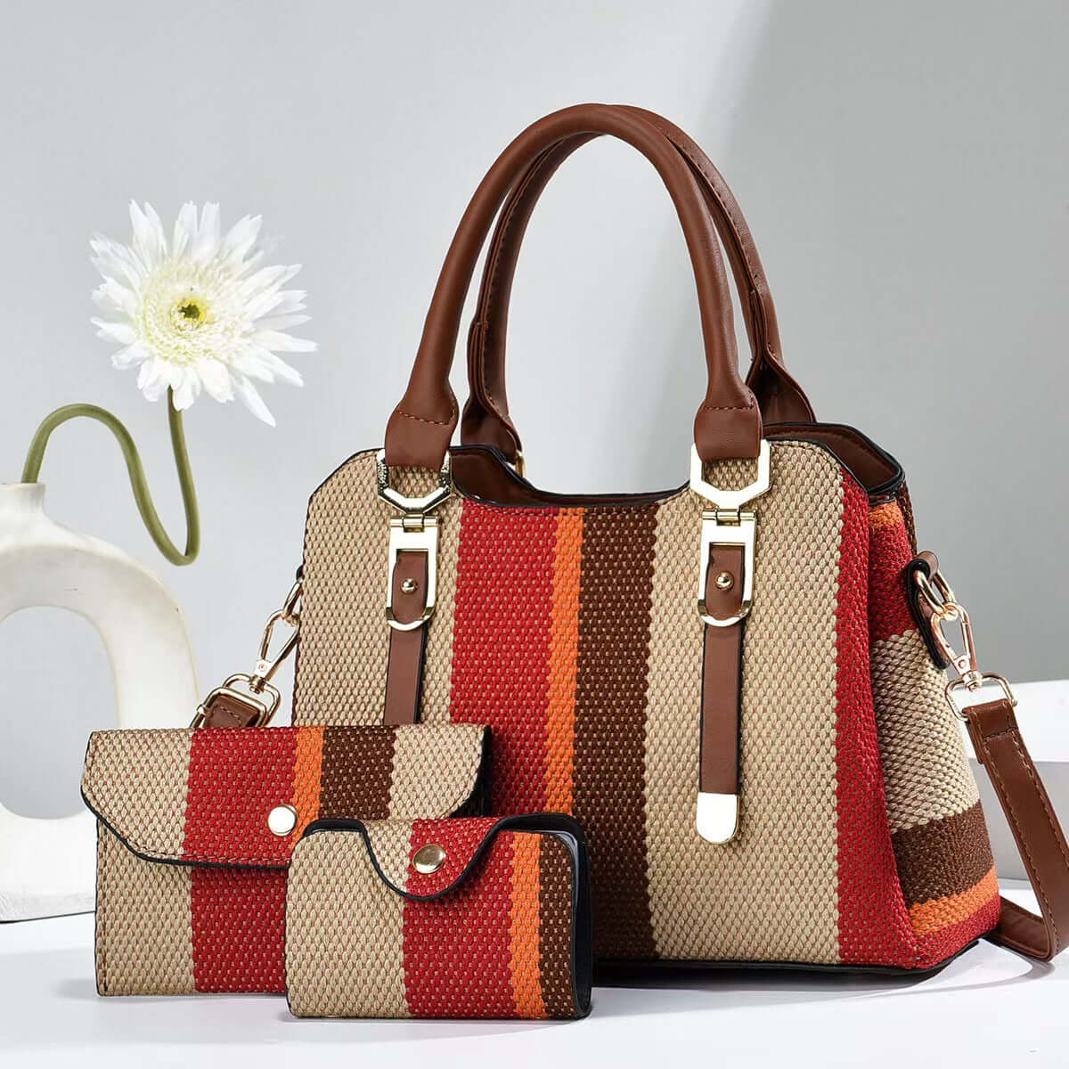 Crossbody Large Capacity New Son And Mother Canvas Contrast Color Handbags with vibrant red and brown stripes, showcasing a large capacity crossbody bag perfect for daily outing needs.