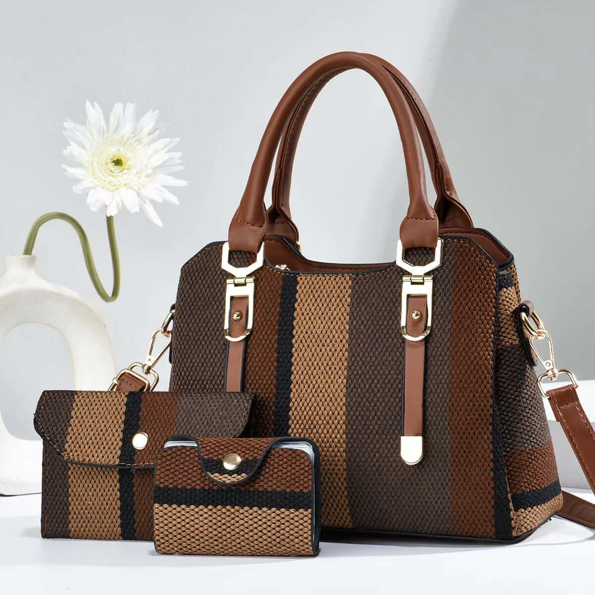 Crossbody Large Capacity New Son And Mother Canvas Contrast Color Handbags in a rich brown and tonal striped design, presenting a large capacity crossbody bag for practical and fashionable use.