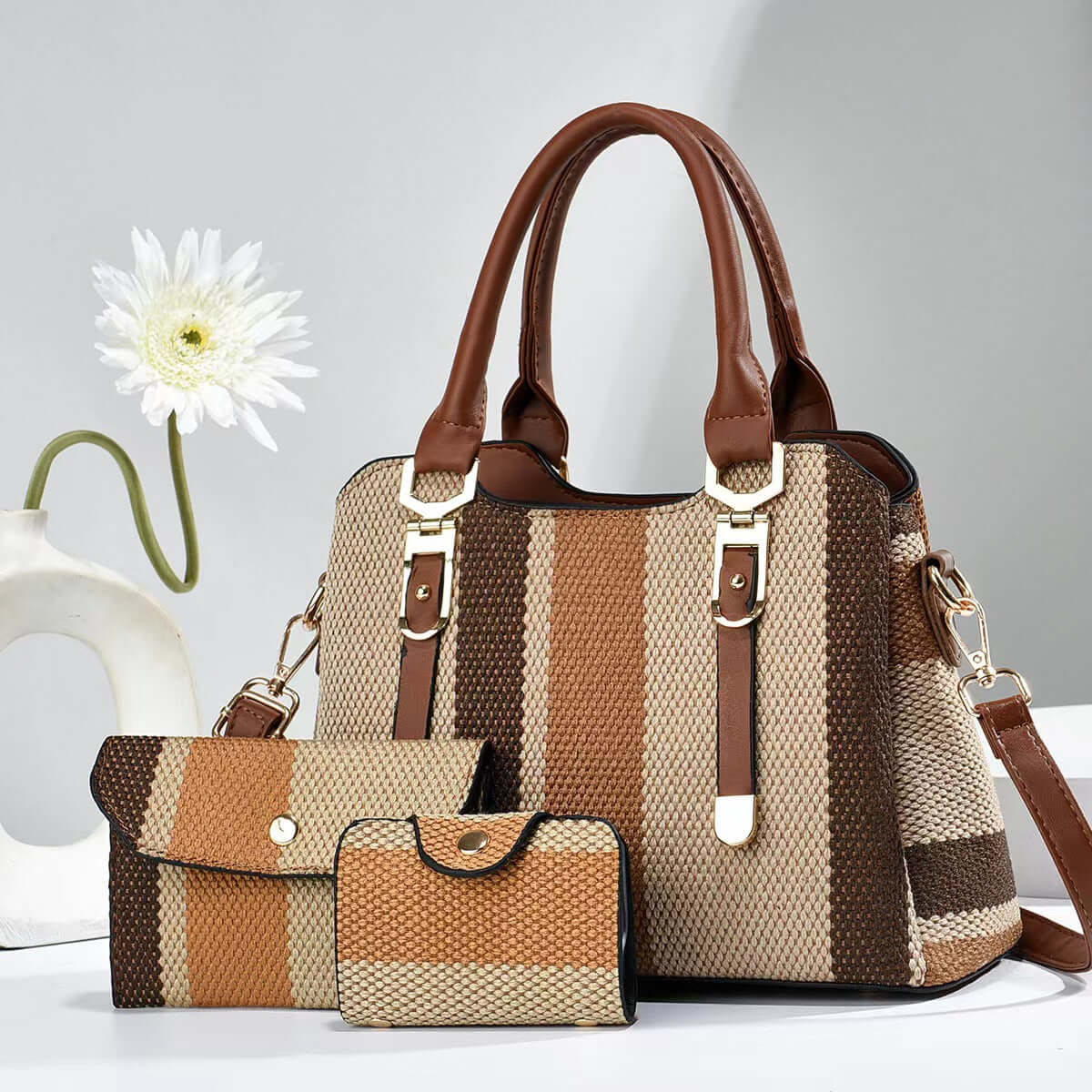 Crossbody Large Capacity New Son And Mother Canvas Contrast Color Handbags featuring a trendy tan and brown striped look, emphasizing a large capacity crossbody bag ideal for stylish moms.