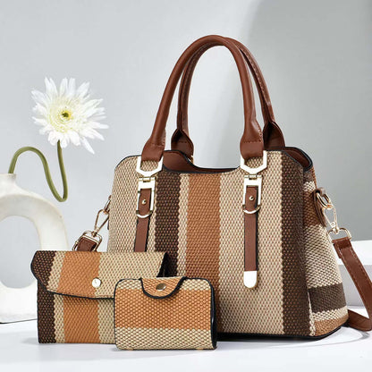 Crossbody Large Capacity New Son And Mother Canvas Contrast Color Handbags featuring a trendy tan and brown striped look, emphasizing a large capacity crossbody bag ideal for stylish moms.