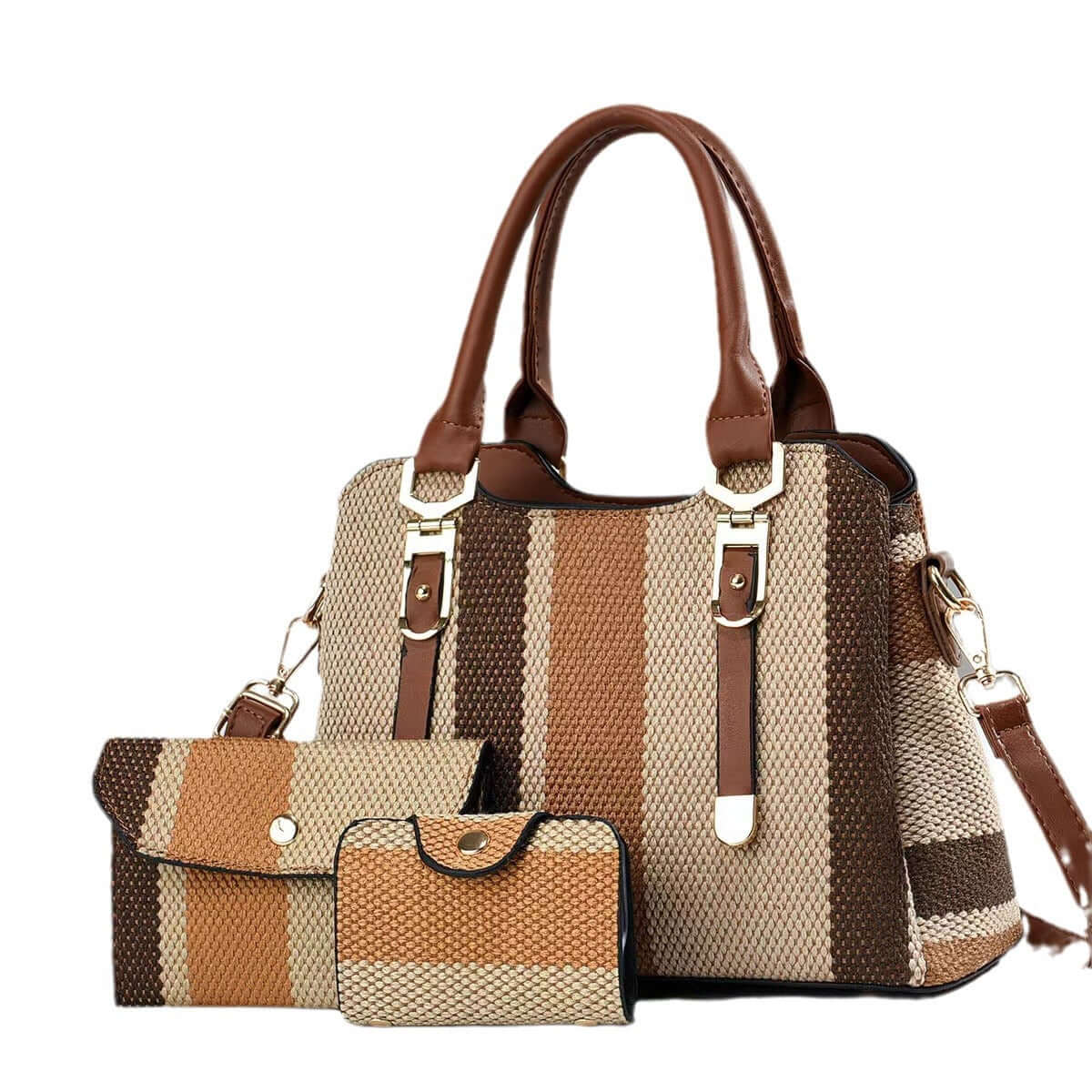 Crossbody Large Capacity New Son And Mother Canvas Contrast Color Handbags featuring a stylish tan and brown striped design, showcasing a large capacity crossbody bag suitable for daily use.