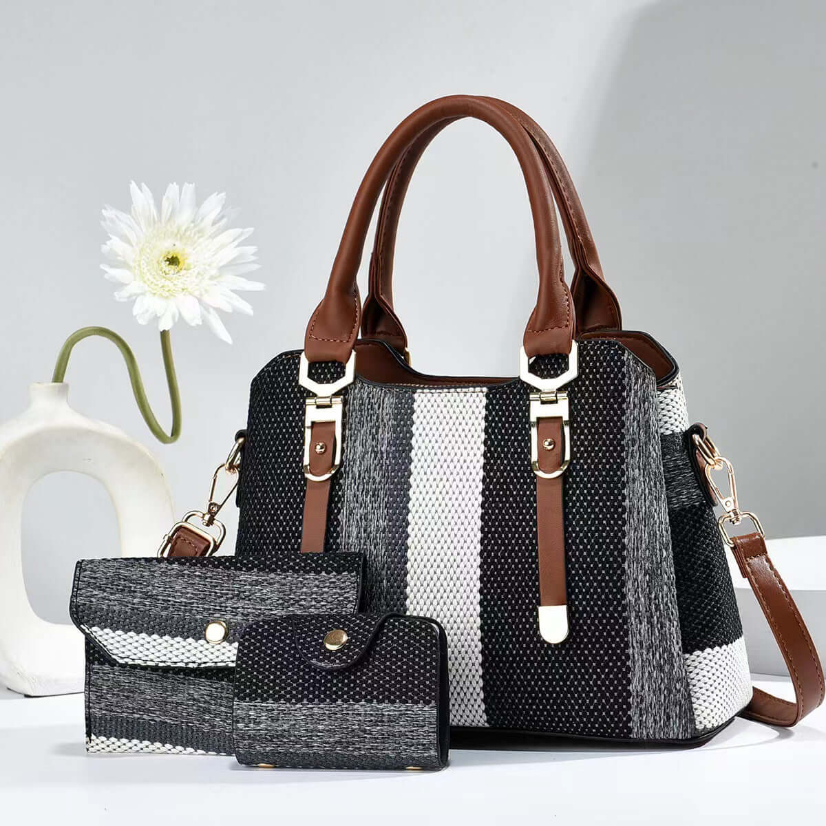 Crossbody Large Capacity New Son And Mother Canvas Contrast Color Handbags in a chic black and grey striped pattern, highlighting a large capacity crossbody bag perfect for urban simplicity.
