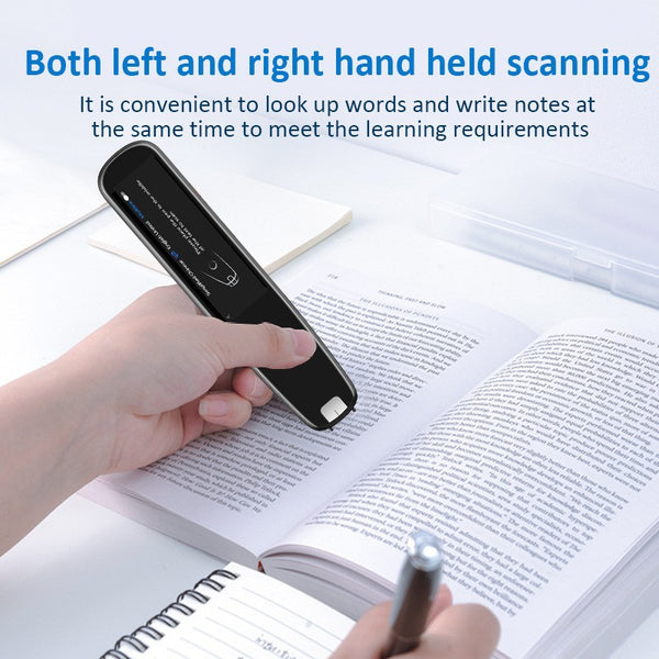 User holding the Offline Scanning Translation Dictionary Pen over a book, illustrating scanning capabilities for convenient language learning.