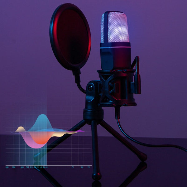 Desktop Microphone Live Conference Microphone featuring an RGB design, ideal as a podcast microphone with stand for high-quality audio in gaming and conference settings. This image showcases the microphone against a colorful sound wave design, enhancing its appeal for podcast enthusiasts.